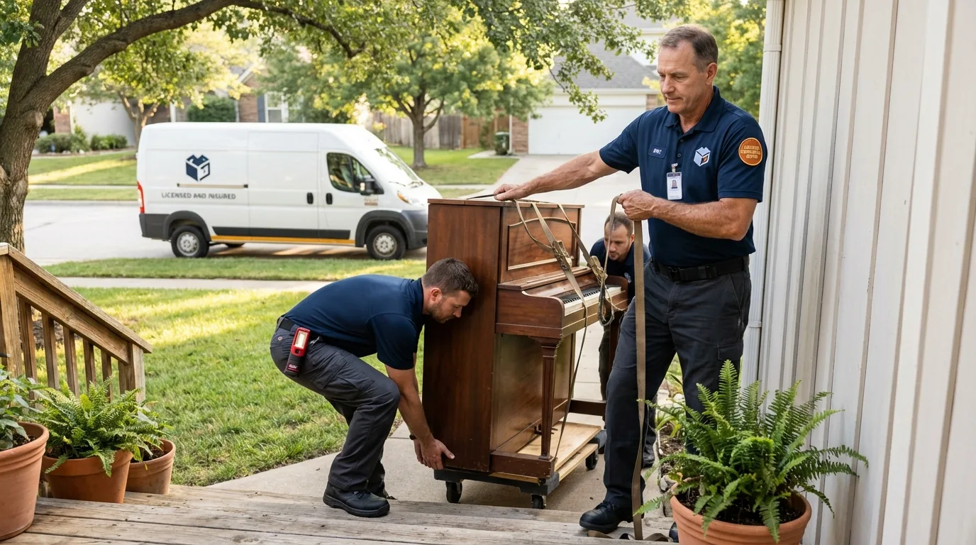 Licensed piano movers securing grand piano in Woodville, OH