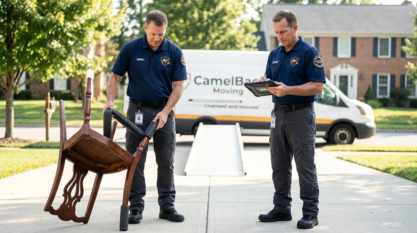 Movers inspecting furniture for damage prevention before loading in Woodville, OH