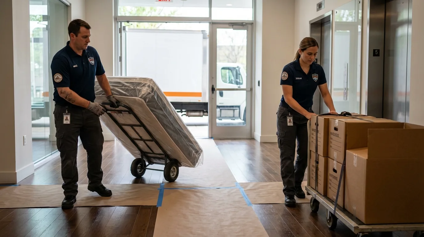 Professional apartment movers loading elevator in Woodville, OH