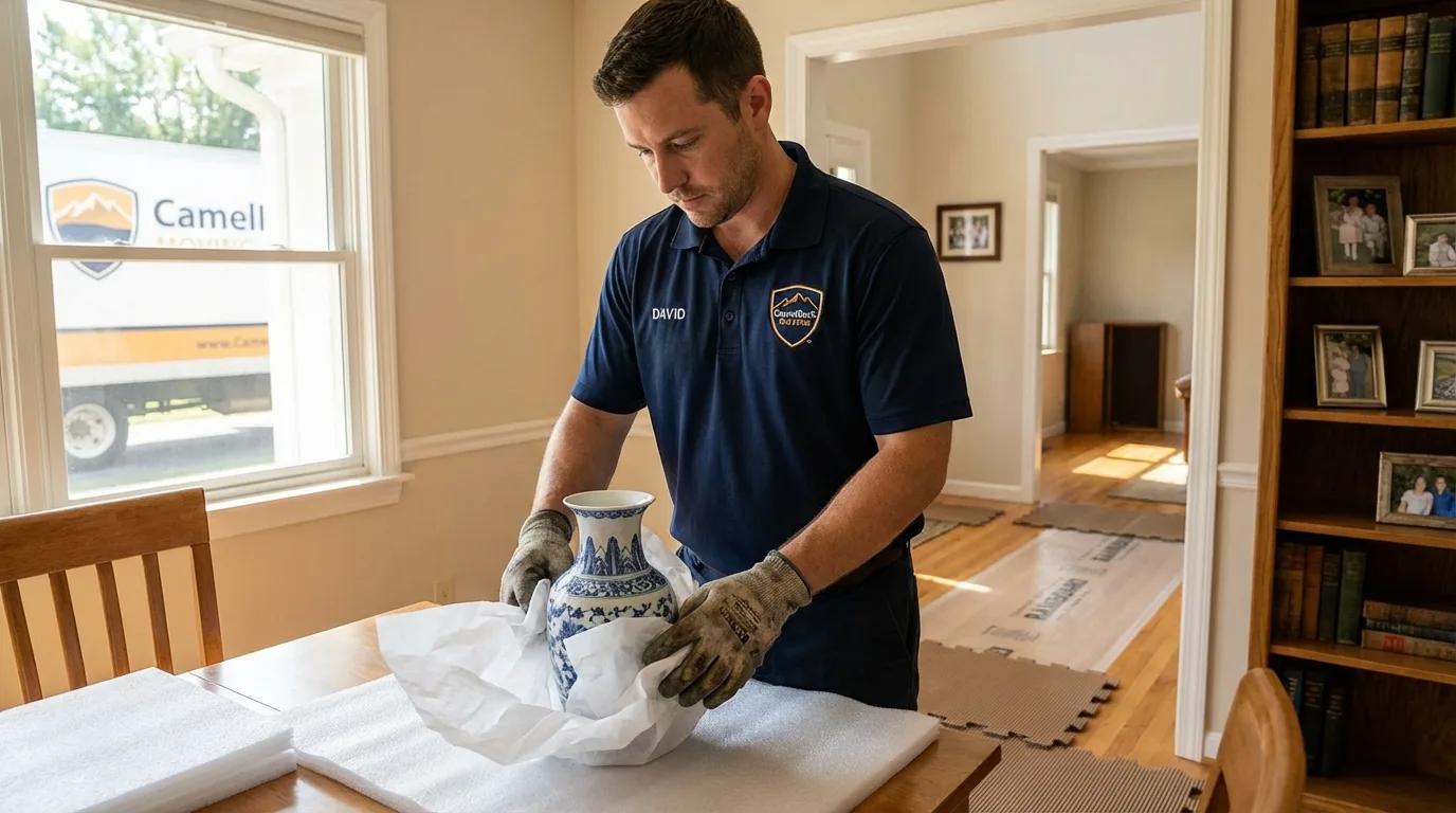 Professional crew carefully wrapping antique vase for senior downsizing move in Woodville, OH