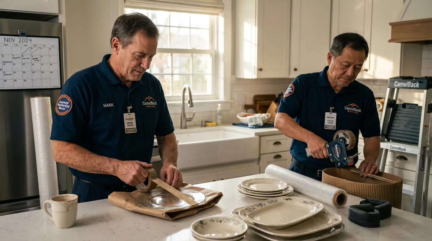 Professional crew packing kitchen dishware in Woodville, OH